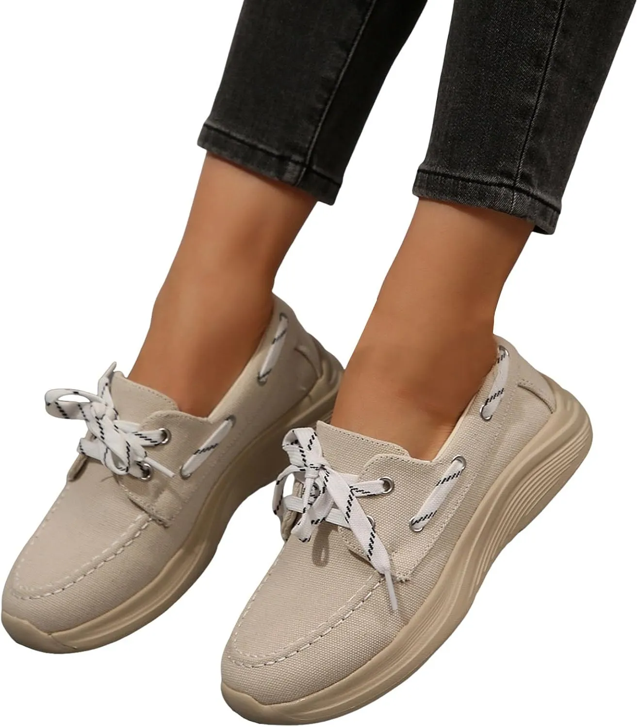 2025 Women's Canvas Slip On Shoes Lace Up Sneakers Slip On Low Top Arch Support Walking Loafers Orthopedic Non Slip Closed Toe Running Casual Boat Shoes Soft Tennis Shoe for Daily Wear