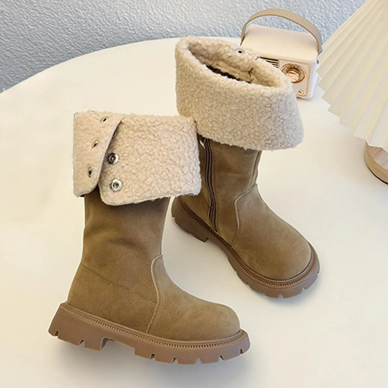 Chunky Heel Fleece Winter Boots for Girls Warm Comfortable Suede Snow Boots Fr Lined Mid Calf Boots Toddler Boot Girls