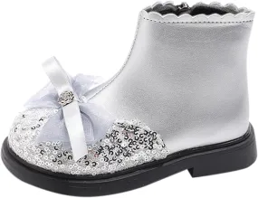 Girls Sequin Bowknot Ankle Boot Low Heel Lightweight Comfy Soft Birthday Dress Shoes Two Girl under The Boot