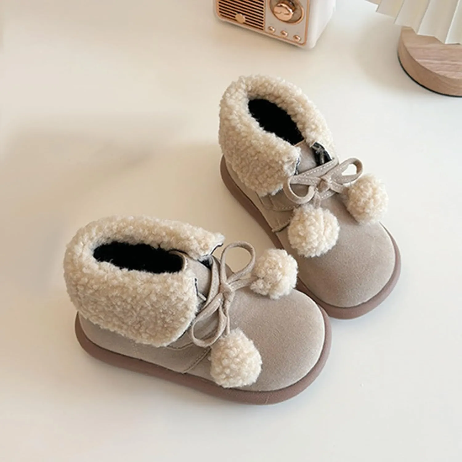 Pom-Pom alls Fleece Ankle Boots for Kids Girls Toddler Winter Thick Flat Soft Plush Big Girls Mid Calf Boots
