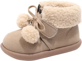 Pom-Pom alls Fleece Ankle Boots for Kids Girls Toddler Winter Thick Flat Soft Plush Big Girls Mid Calf Boots