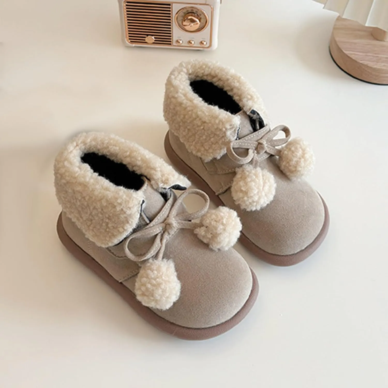 Pom-Pom alls Fleece Ankle Boots for Kids Girls Toddler Winter Thick Flat Soft Plush Big Girls Mid Calf Boots