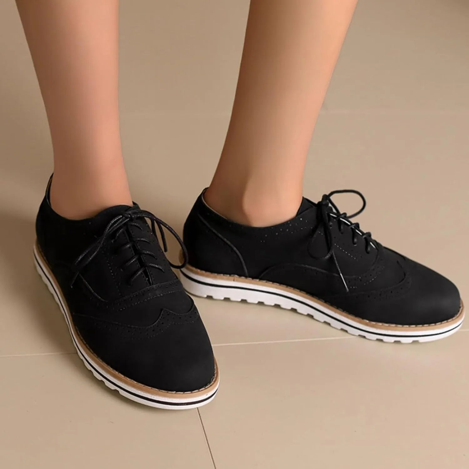 Women's Flats Lace-Up Oxfords Shoes Round Toe Low Platform Wingtip Brogues Classic Comfortable Derby Saddle Pumps