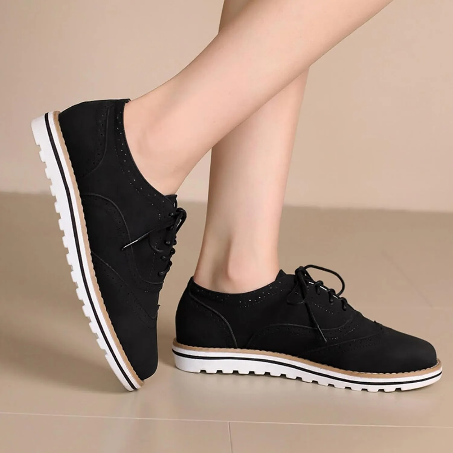 Women's Flats Lace-Up Oxfords Shoes Round Toe Low Platform Wingtip Brogues Classic Comfortable Derby Saddle Pumps