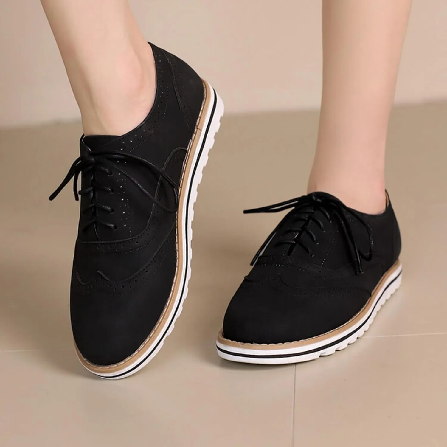 Women's Flats Lace-Up Oxfords Shoes Round Toe Low Platform Wingtip Brogues Classic Comfortable Derby Saddle Pumps