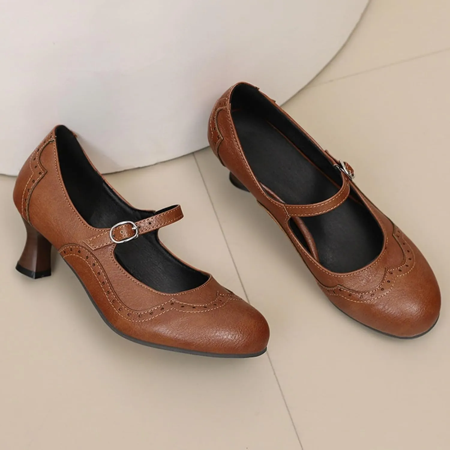 Women's Round Closed Toe Ankle Strap Buckle Mary Jane Pumps Classic Retro Kitten Low Heels Wingtip Brogues Oxfords Shoes