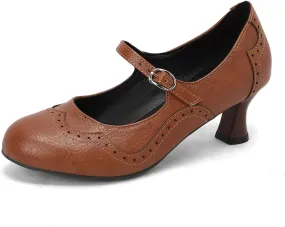 Women's Round Closed Toe Ankle Strap Buckle Mary Jane Pumps Classic Retro Kitten Low Heels Wingtip Brogues Oxfords Shoes