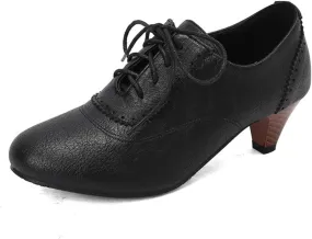 Women's Vintage Leather Lace Up Oxfords Brogues Shoes Classic Round Toe Kitten Low Chunky Heels Casual Office Work Dress Pumps
