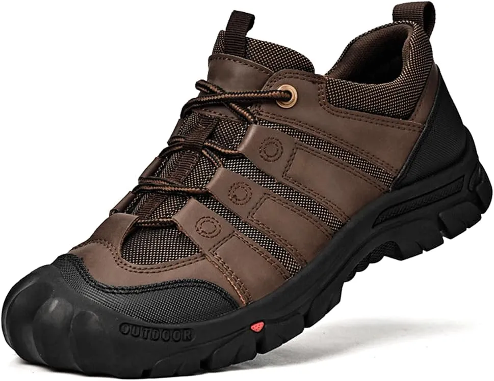 YONGJIA Men's Hiking Waterproof Casual Breathable Leather Outdoor Lightweight Non-Slip Walking Work Shoes